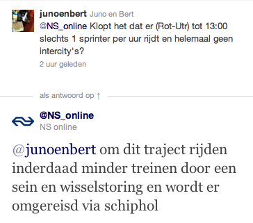 Foto van Twitter-gesprek tussen de NS en een reiziger over vertragingen