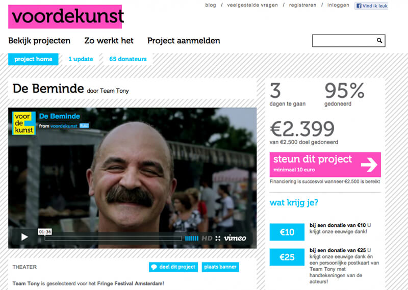 Screenshot van een crowdfundingactie in de cultuursector met een foto van een man