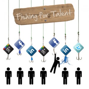 Zwarte poppetjes die door vishaakjes met Facebook- en LinkedIn-logo’s omhoog getild worden