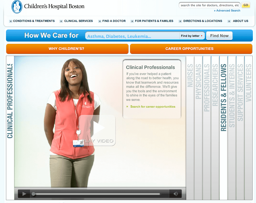 Schermafdruk van een webpagina van Children’s Hospital Boston met een foto van een Afro-Amerikaanse vrouw