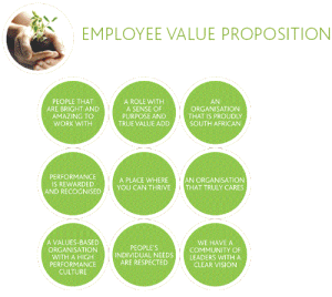 Een infographic met 9 groene cirkels en teksten over Employee Value Proposition