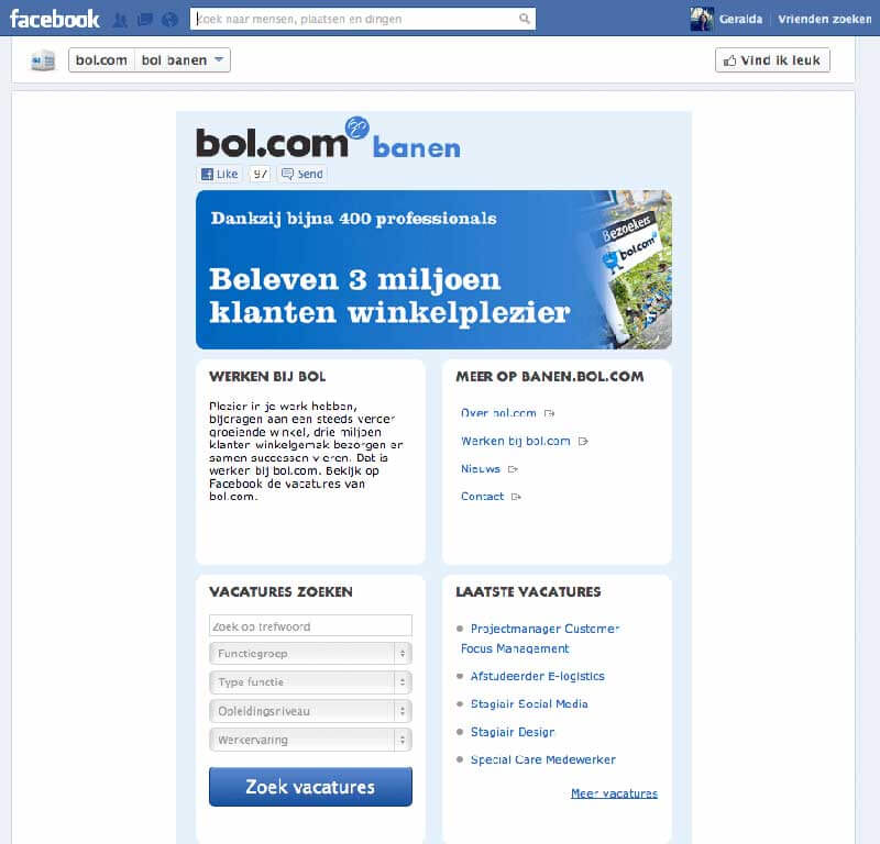 Schermafdruk van de website van Bol.com waarop te zien is dat ze een Facebookapplicatie geinstalleerd hebben