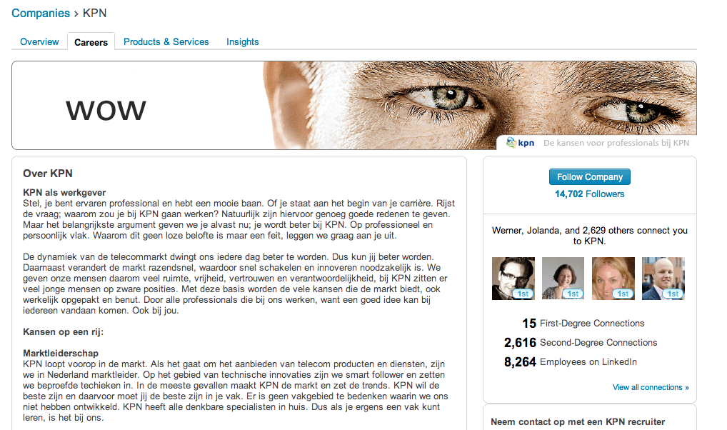 Schermafdruk van bedrijfsprofielpagina van KPN met een foto van een man met blauwe ogen