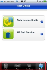 Schermafdruk van RaetOnline-menu met de opties HR self service en salarisspecificatie 