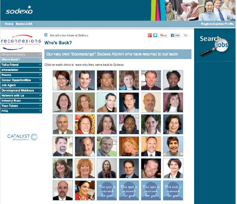 Schermafdruk van de website van Sodexoalumni.com waarop foto’s te zien zijn van ex-medewerkers die zijn teruggekeerd