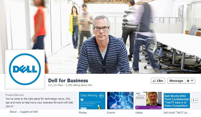 Schermafdruk van de website van Dell for Business met een foto van een man met bril in een kantoor