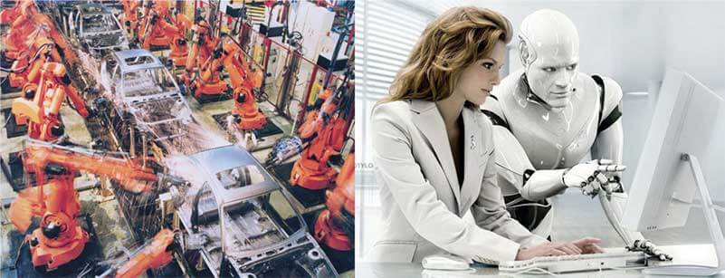 Links een afbeelding van een autofabriek met oranje productierobots en rechts een afbeelding van een vrouw en een humanoïde robot die samen op een computerscherm kijken