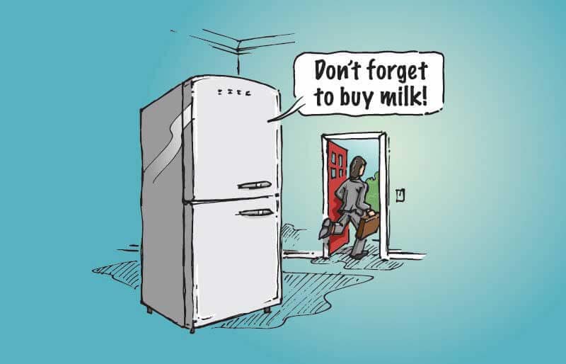 Cartoon met een koelkast en een persoon die de deur uitloopt met de tekst “Don’t forget to buy milk”