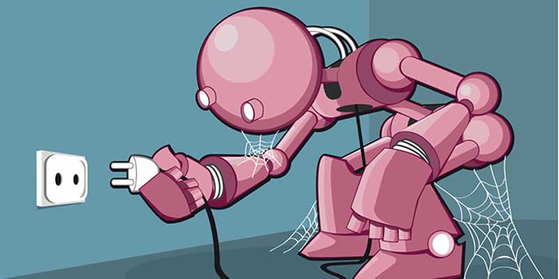Roze robot steekt stekker in stopcontact