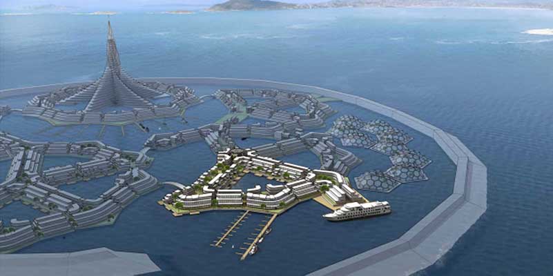 Futuristische stad die op de oceaan drijft