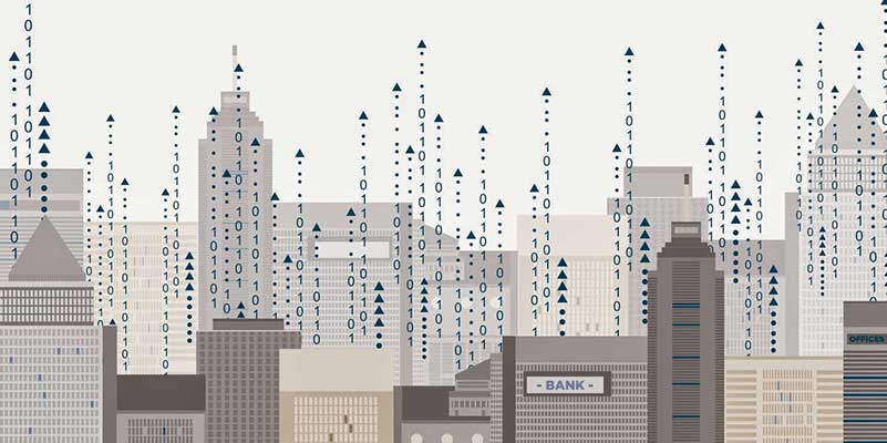 Computerafbeelding van stad met binaire code