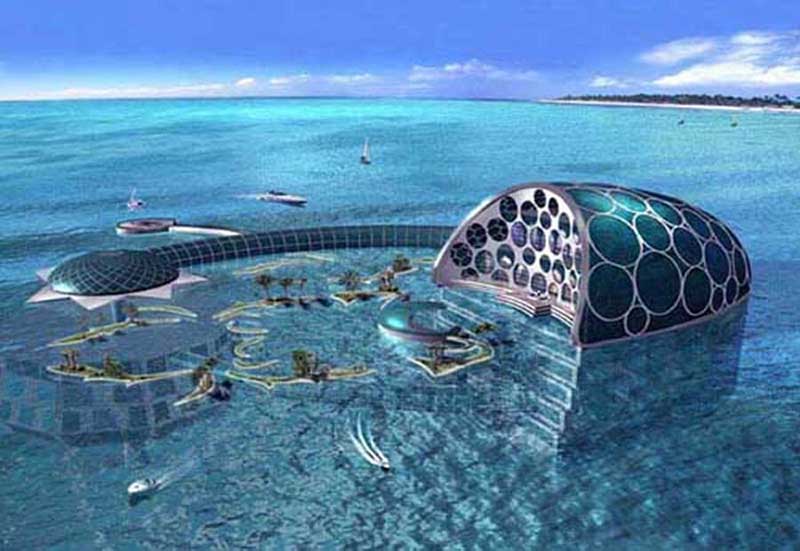 Futuristische woningen in water met drijvende eilanden