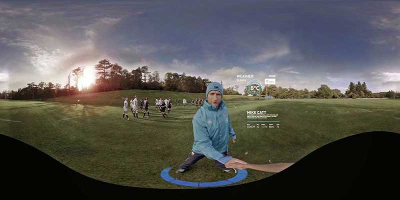 Atleten op het veld, gezien door een VR-headset