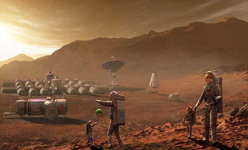 Volwassenen en kinderen met ruimtevaartpakken spelen en lopen op Mars
