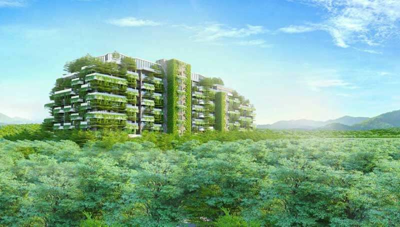 Een ontwerp voor het gebouwencomplex van Forest in the Sky in Vietnam op een zonnige dag