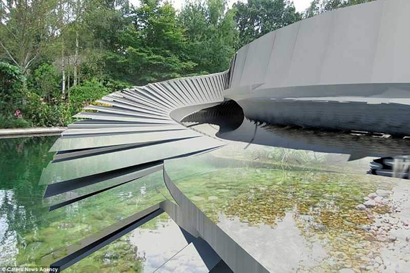 Structuur die een waterkrachtcentrale met abstracte trappen voorstelt