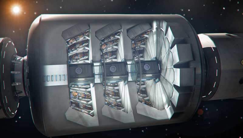 Een driedimensionale weergave van een ruimtevaartuig met hightech hibernation pods