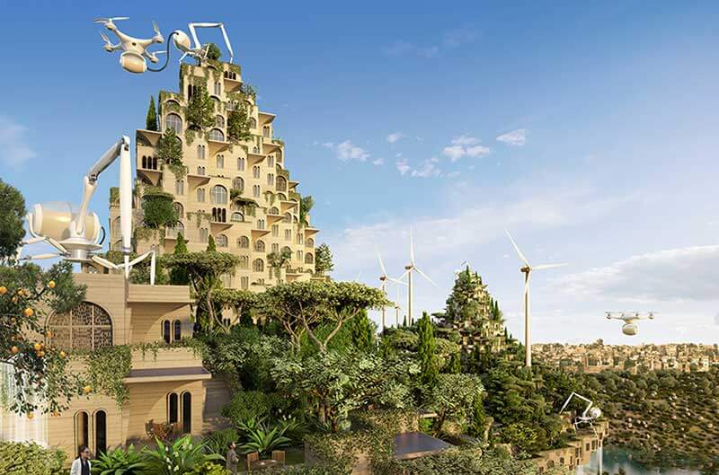 Close-up van een hypermoderne stad omgeven door groen, watervallen, robots, windturbines en vliegende drones