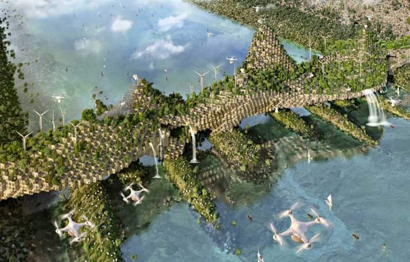 Een futuristische stad, gelegen aan een rivier met groene beplanting, windmolens, watervallen en drones die eromheen zweven