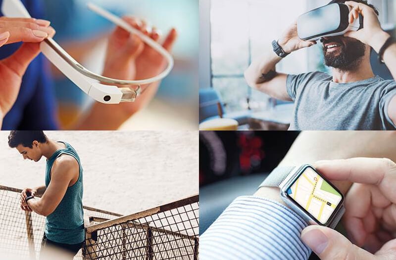 Mensen met Google Glass, VR headset en smartwatches