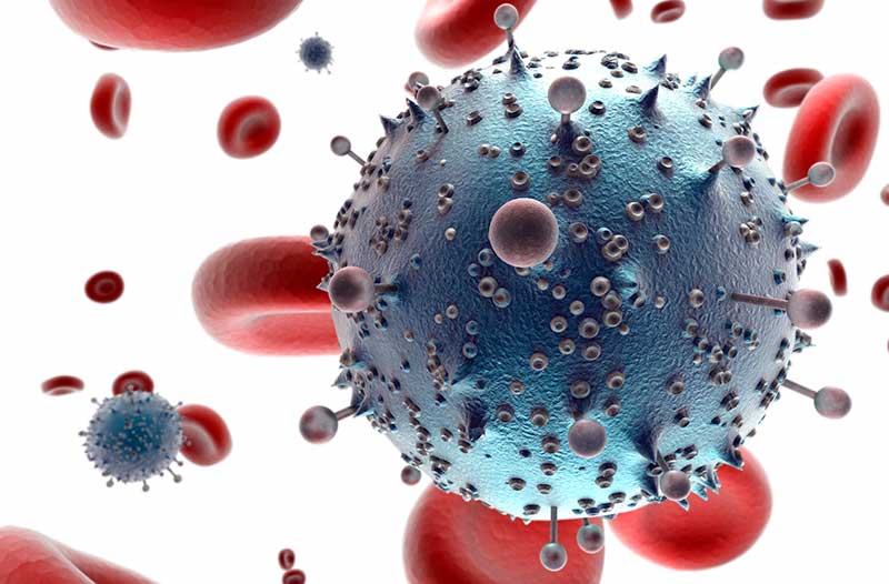 Gedetailleerde 3D-illustratie van kankercellen en rode bloedcellen tegen een witte achtergrond