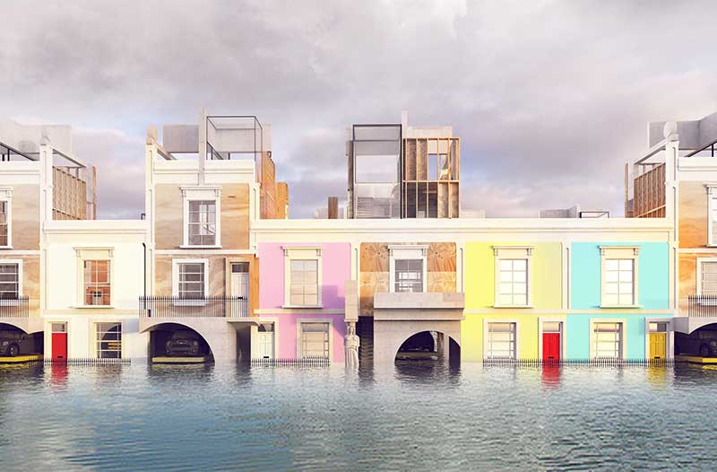 Kleurrijke overstromingsbestendige huizen in Georgische stijl, ontworpen door D*Hause Company, gebouwd op betonnen fundering in het water