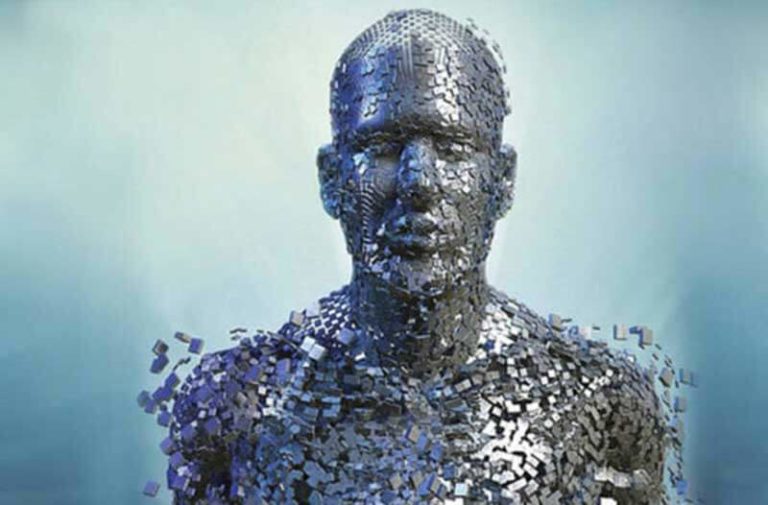 Een portret van een man, gemaakt van puzzelstukken van kleine digitale apparaten