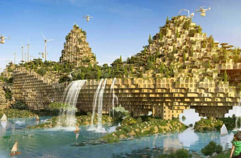 Een futuristische stad aan een rivier met weelderig groen, watervallen, windmolens en drones