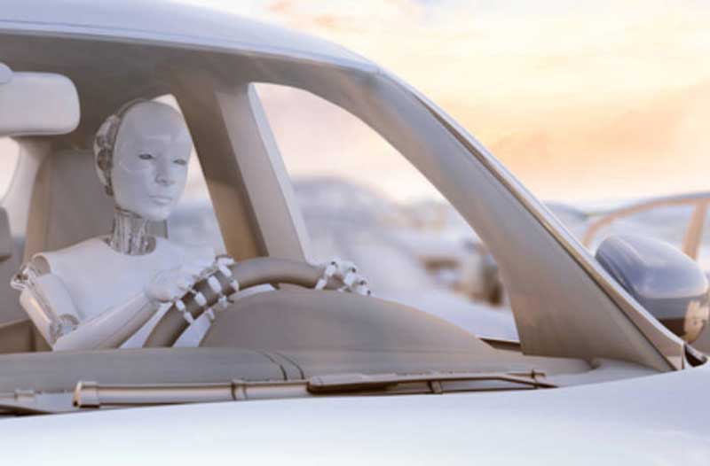 White robot driving a car