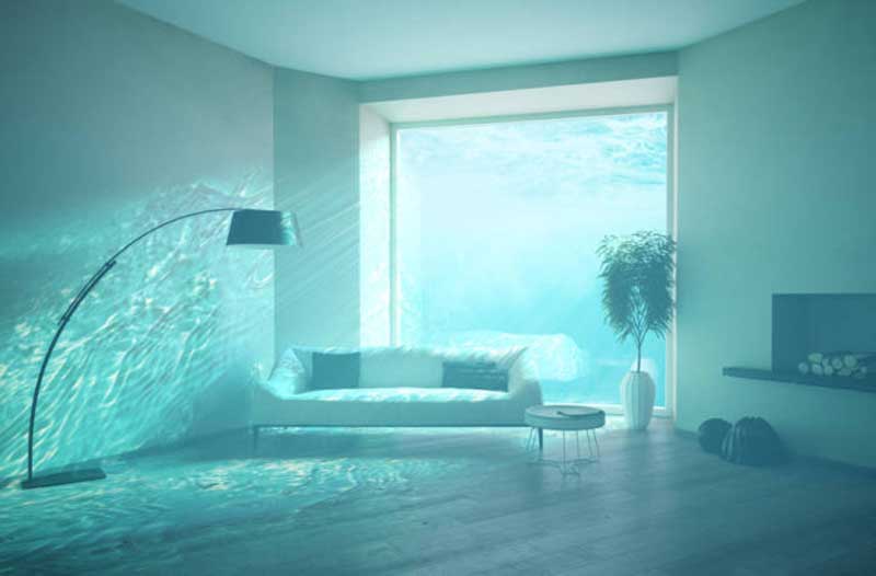 A living room in a house that’s underwater