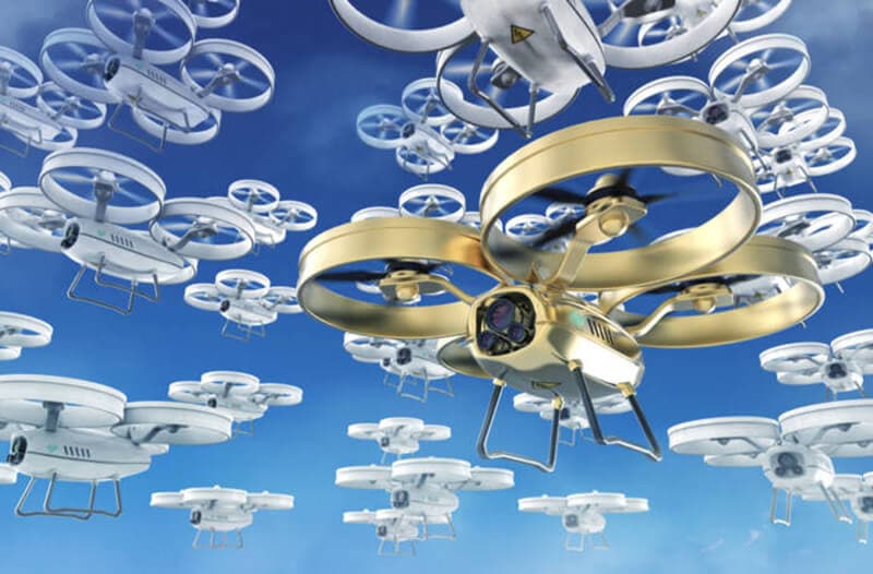 A swarm of white drones flying, with one golden drone in the foreground