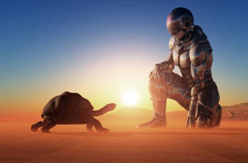 An astronaut in a spacesuit in a desert kneeling and looking at a turtle with the sun in the background