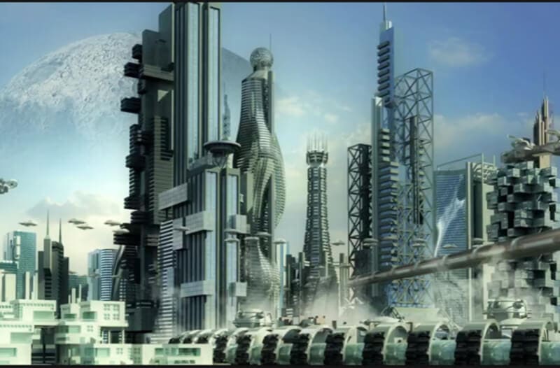 Een futuristische stad met vele hoge futuristische wolkenkrabbers