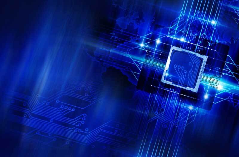 Quantum computer chip against a blue background