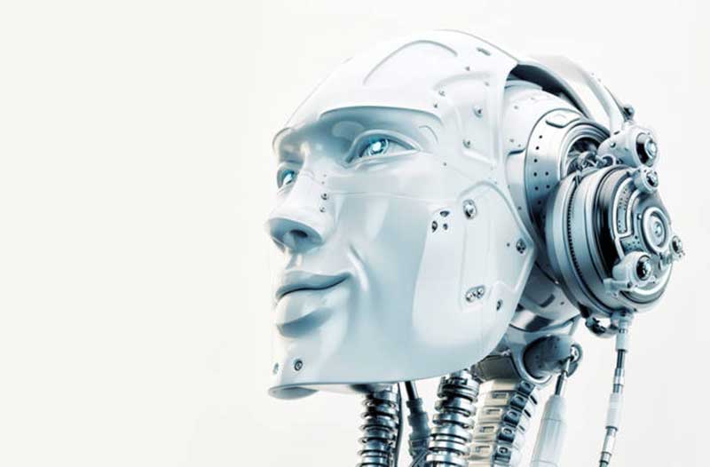Head of white plastic & metal robot with headphones