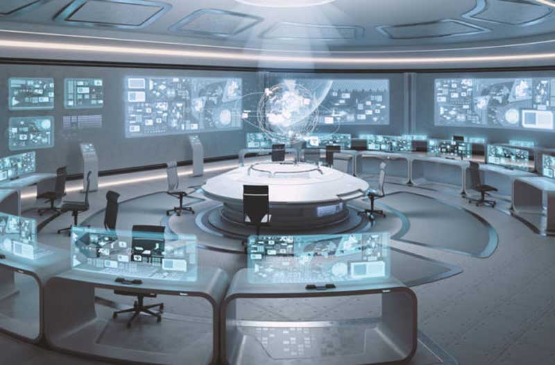 A circular room with desks, chairs, and holographic interfaces