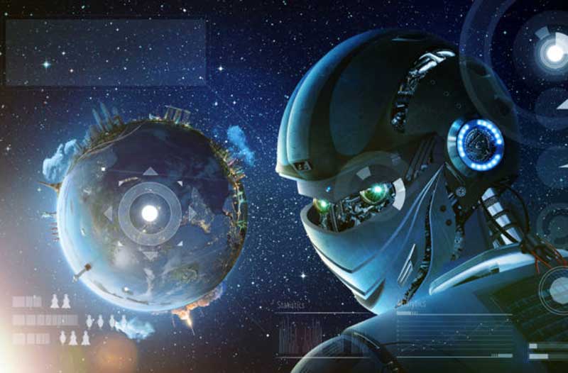 Close-up of a digital robot head with a planet in the background