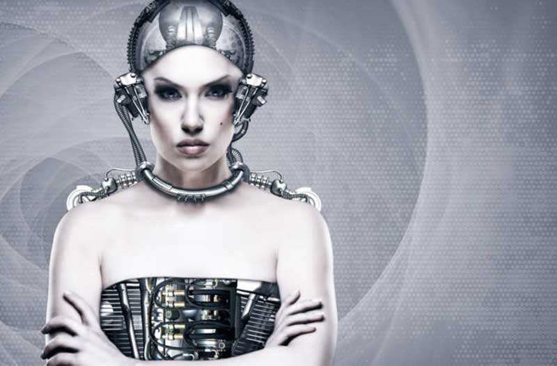 Female cyborg with crossed arms on a grey background