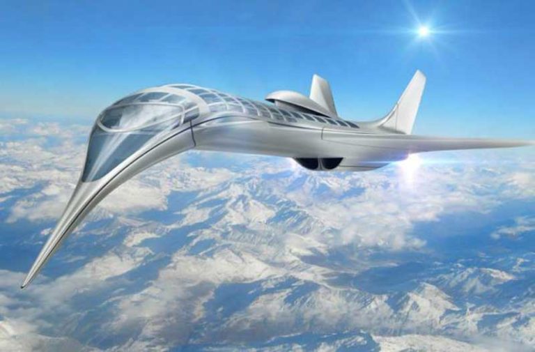 Futuristisch vliegtuig vliegt boven de wolken
