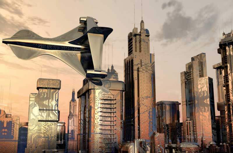 Futuristisch luchtvaartuig vliegt boven een futuristische stad