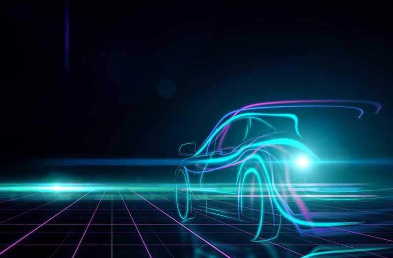 Illuminated, digital drawing of a car