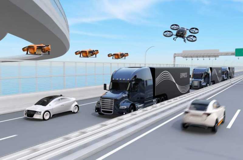 Een futuristische snelweg met auto’s, vrachtwagens en drones