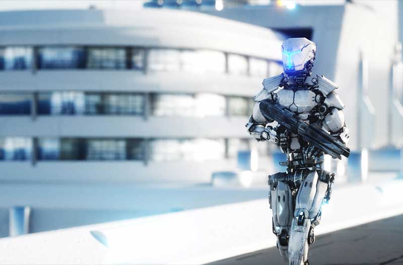 An armed robot walking down the street