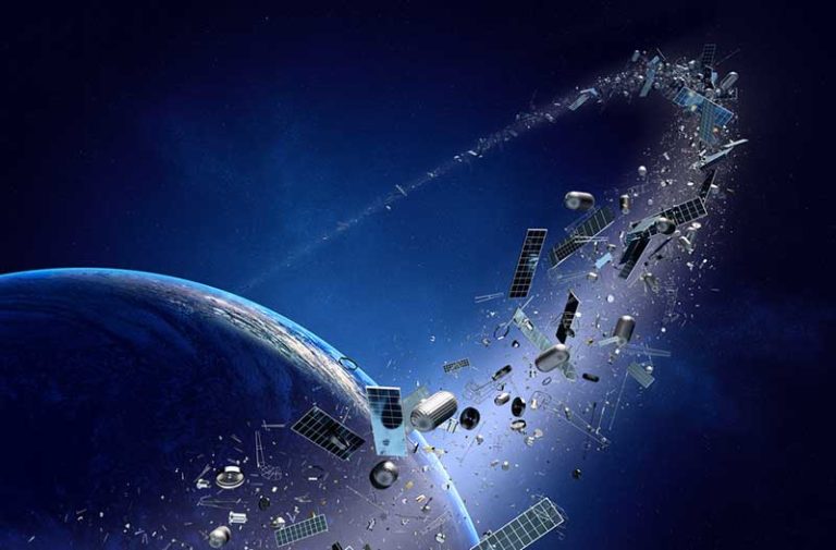 Digitale illustratie van ruimtepuin in een baan om een planeet