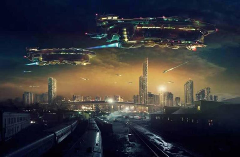 Futuristische vliegtuigen vliegen in het donker boven een stad