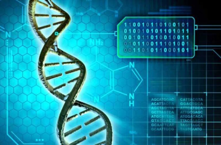 DNA-streng tegen een achtergrond van chemische formules en binaire code