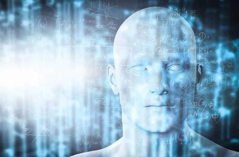 Artificial human with bright light and mathematical formulas