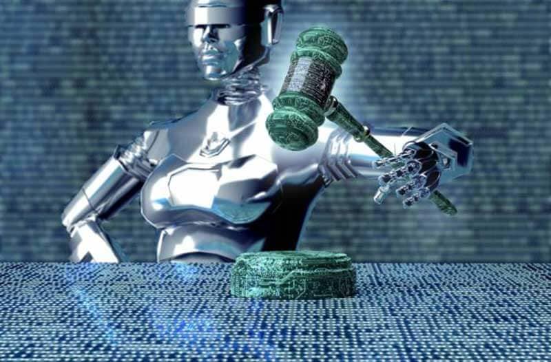 Humanoid robot holding judge’s gavel, with lines of code in the background