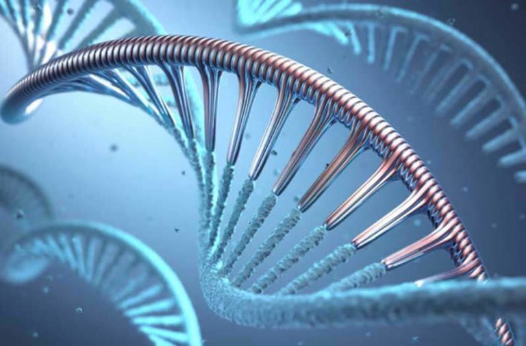 Zwevende DNA-moleculen in een blauwe vloeistof