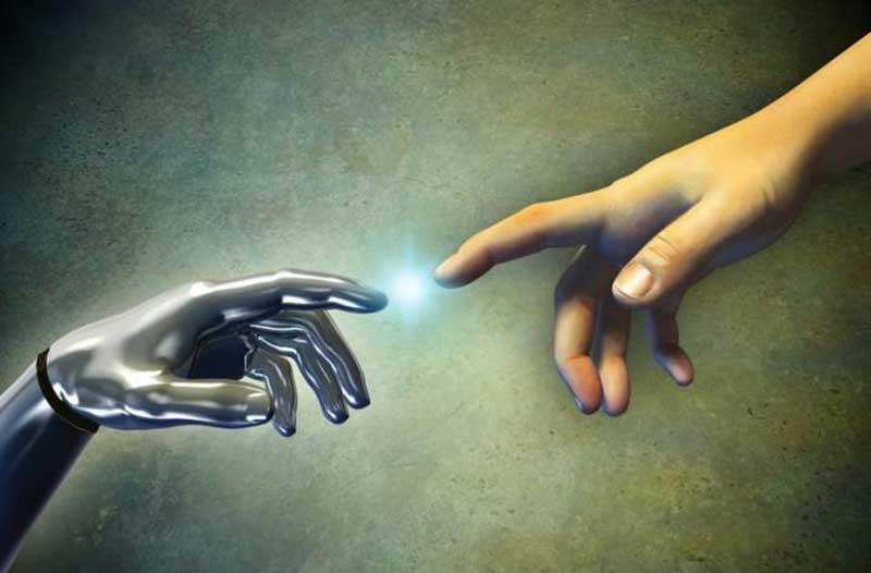 Robotic and human hand almost touching with a shining light between their index fingers